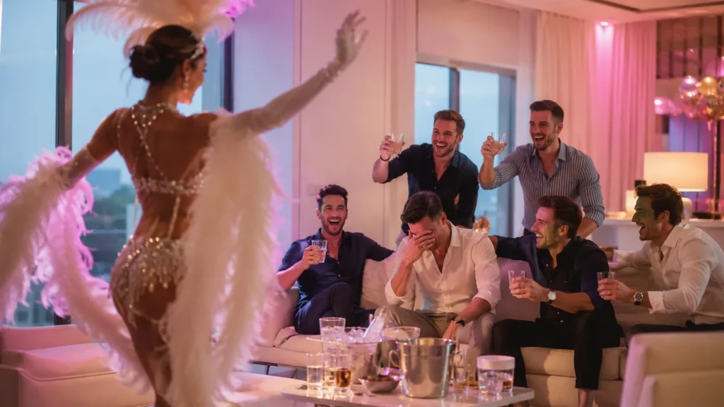 Shy groom laughing with friends at a bachelor party during a stripper show