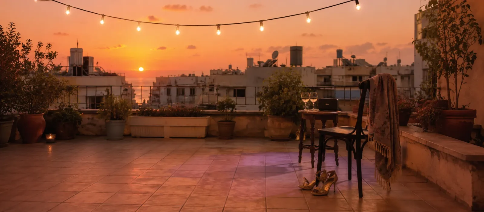 מרפסת מרוצפת בערב קיץ לפני מופע לטינו